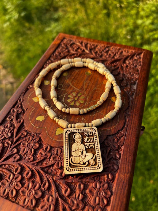 Tulsi Kanthi Mala With Hanuman Pendant for Men Wood Locket Set